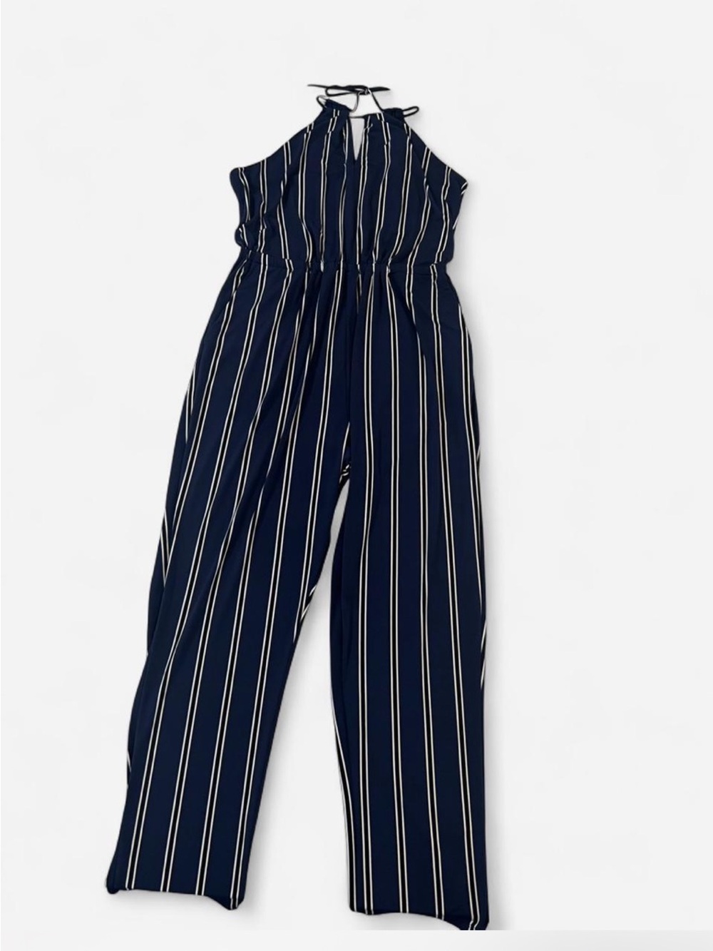 Express Navy and White Vertical-Stripe Halter Jumpsuit